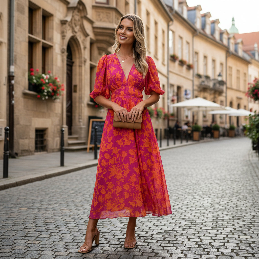 Florales Midikleid mit Puffärmeln
