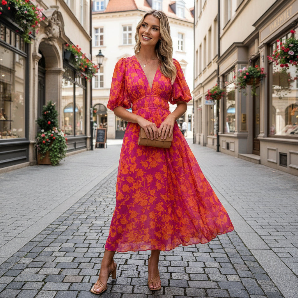 Florales Midikleid mit Puffärmeln