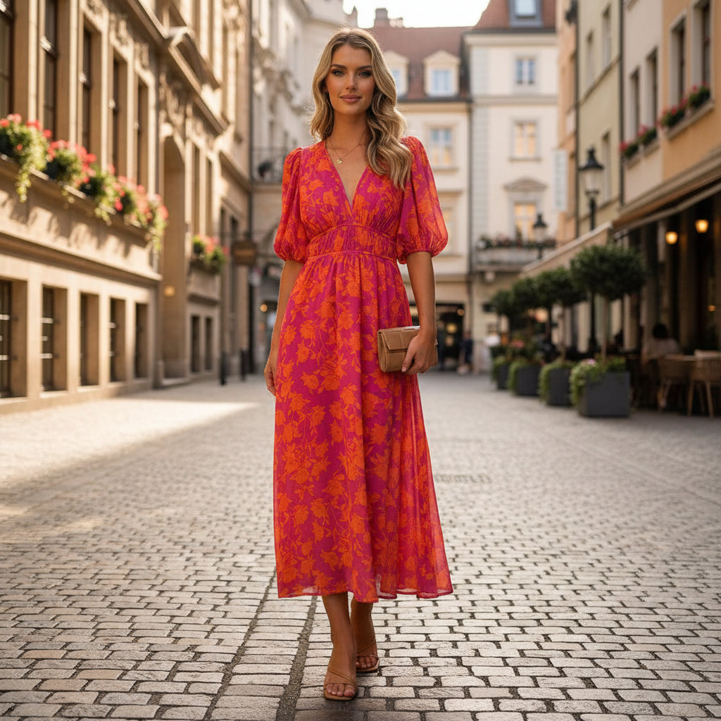 Florales Midikleid mit Puffärmeln