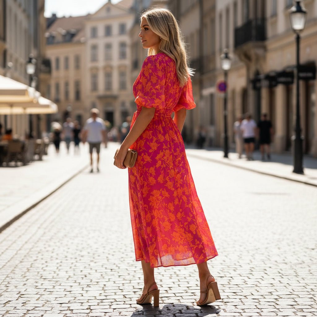 Florales Midikleid mit Puffärmeln