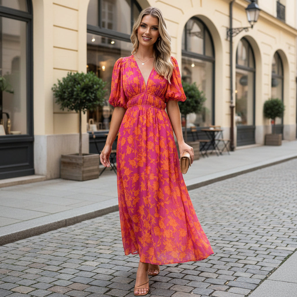Florales Midikleid mit Puffärmeln